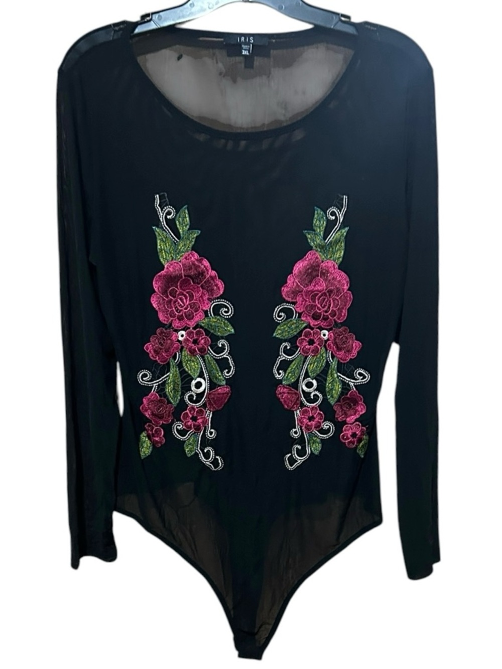 Iris Black Sheer Mesh Bodysuit Long Sleeve Floral Rose Embroidery Size 3XL